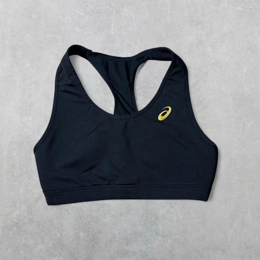 Asics Women's Small Black Racerback Sports Bra with Gold Logo